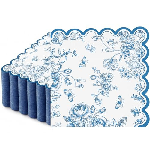 100 Pcs Blue Floral Napkins, Blue and White Flower Paper Napkins Vintage Flower Butterfly Design Decoupage Napkin for Wedding Bridal Baby Shower | Amazon (US)