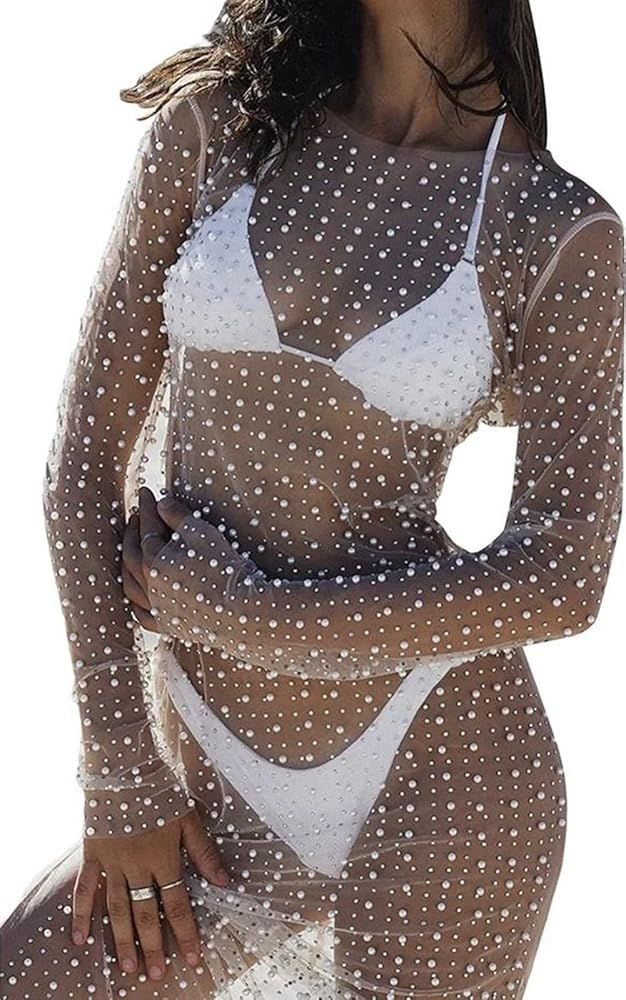 Willow Dance Women's Sheer Mesh Pearl Rhinestone Cover Up Dress Beach Swimwear Bikini Swimsuit Ba... | Amazon (US)