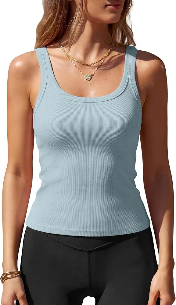 Women Sleeveless Tank Tops with Built in Bra Square Neck Cotton Ribbed Basic Cami Summer Workout ... | Amazon (US)