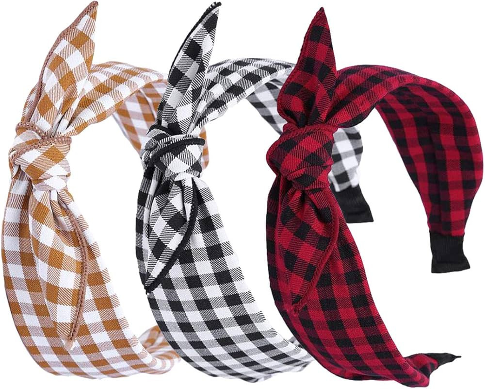 3 Pack Womens Vintage Plaid Headbands Headwraps Hair Band with Bow | Amazon (US)