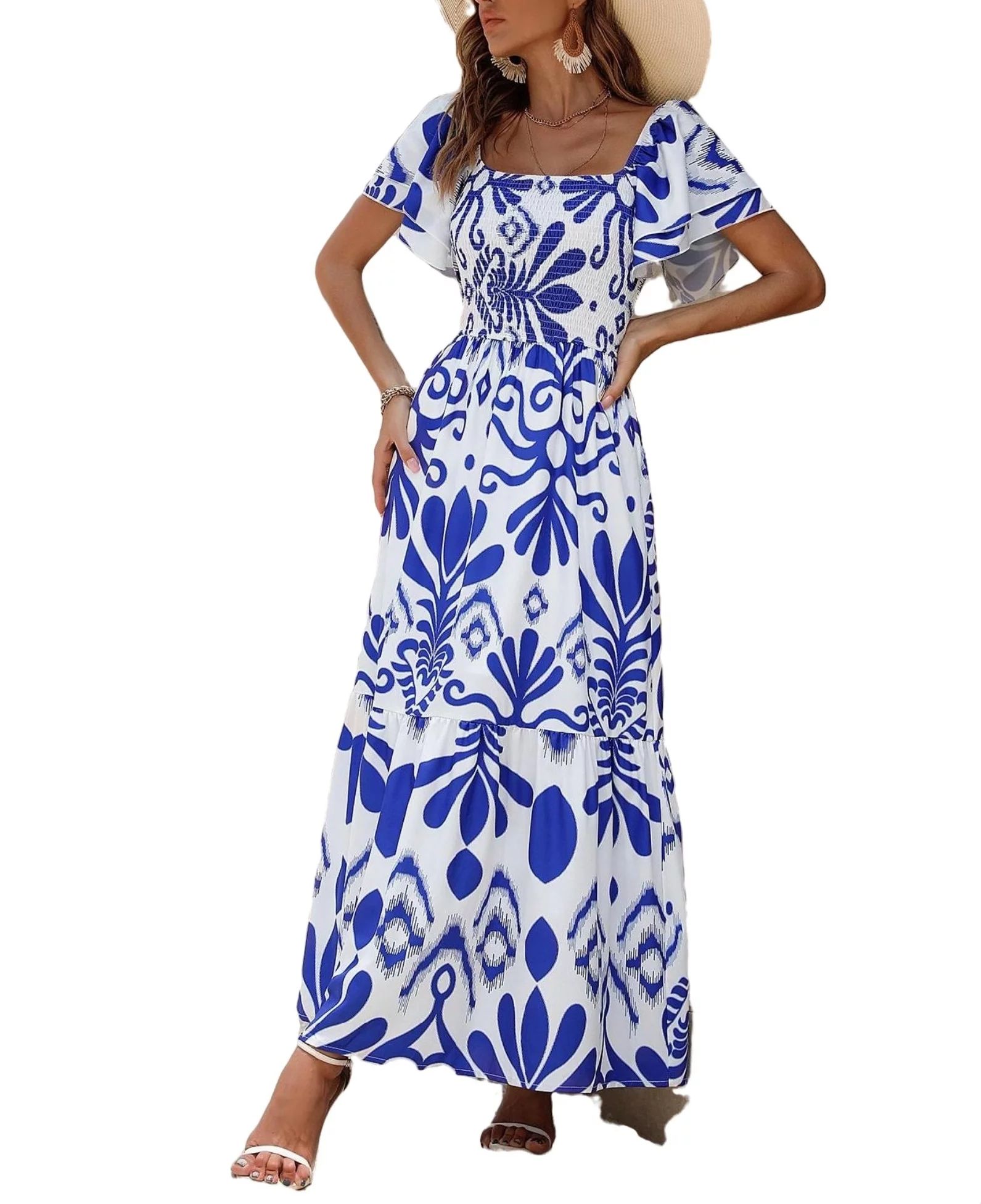 Boho Floral Print Square Neck A Line Short Sleeve Blue and White Women Dresses (Women's) | Walmart (US)
