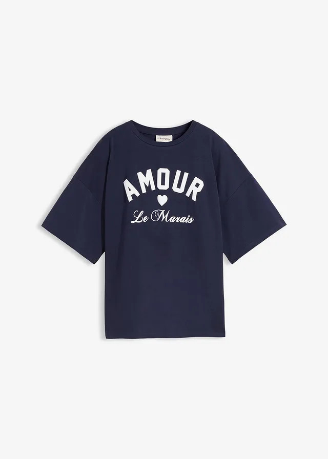 T-shirt in een elastische, biologische katoenmix donkerblauw/wit met print | Bonprix NL (Influencer)