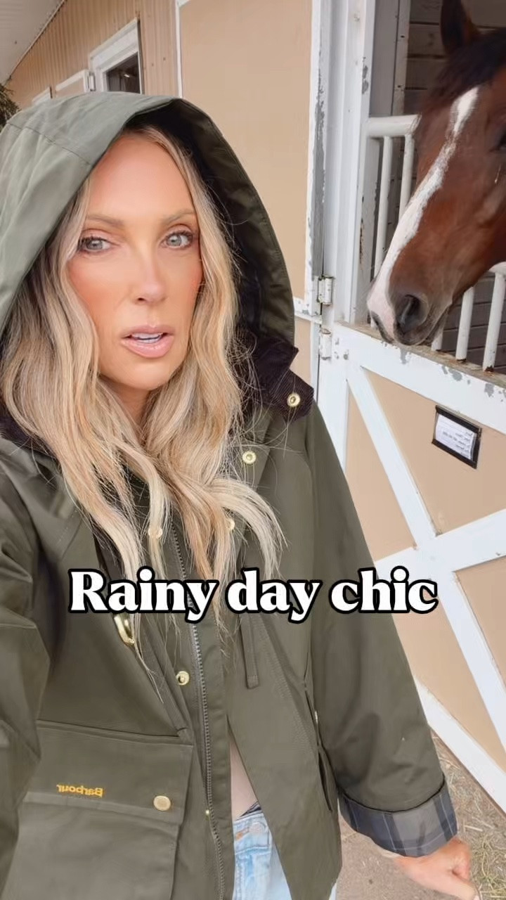 A high-quality waxy rain coat and matching boots for a rainy Saturday morning. With all of our weather and days spent outside and at barns, I'm considering this a well earned investment.