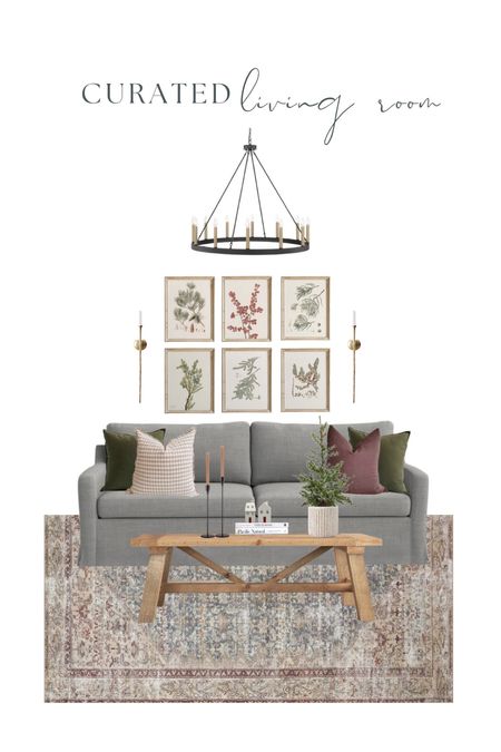 Curated living room design with slipcovered sofa, black chandelier and vintage art. 

Wood coffee table
Area rug on sale!

#LTKstyletip #LTKhome #LTKsalealert