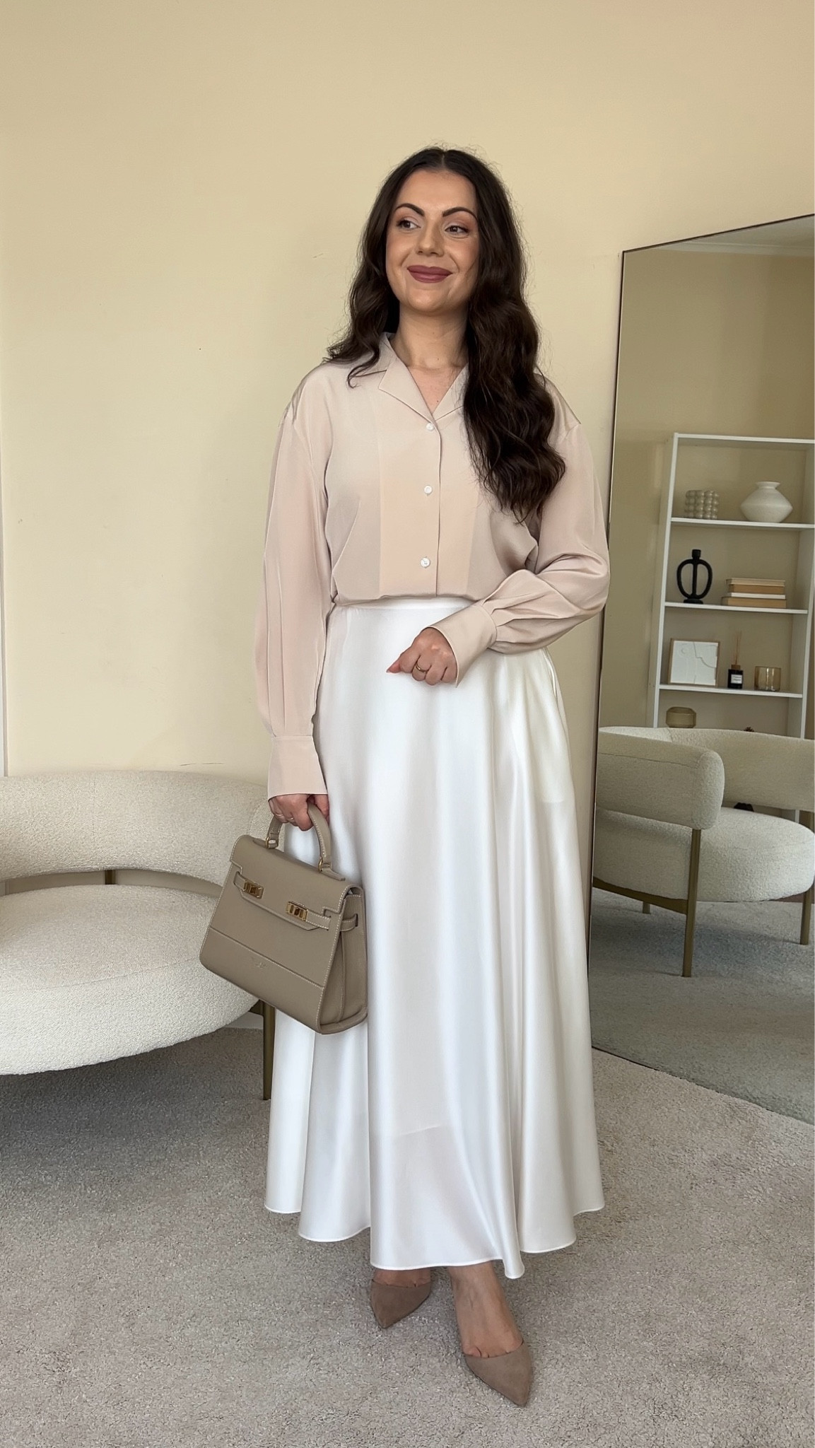 Silk maxi skirt outfit for summer. All neutral outfit. Skirt is from Lily Silk wearing size UK10. Shirt is from Lily Silk wearing size S. Bag is from Teddy Blake.

#LTKeurope #LTKsummer #LTKuk