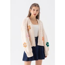 Stitch Flowers Hand-Knit Chunky Cardigan in Cream | Chicwish