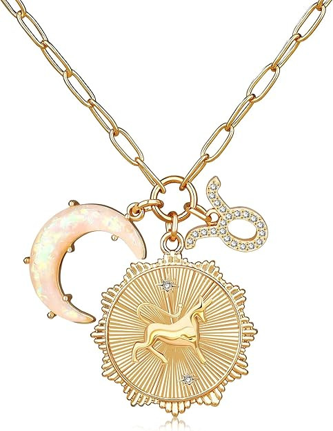 MISS RIGHT Gold Zodiac Sign Coin Necklace with Opal Crescent Moon Charm for Women Trendy, Dainty ... | Amazon (US)