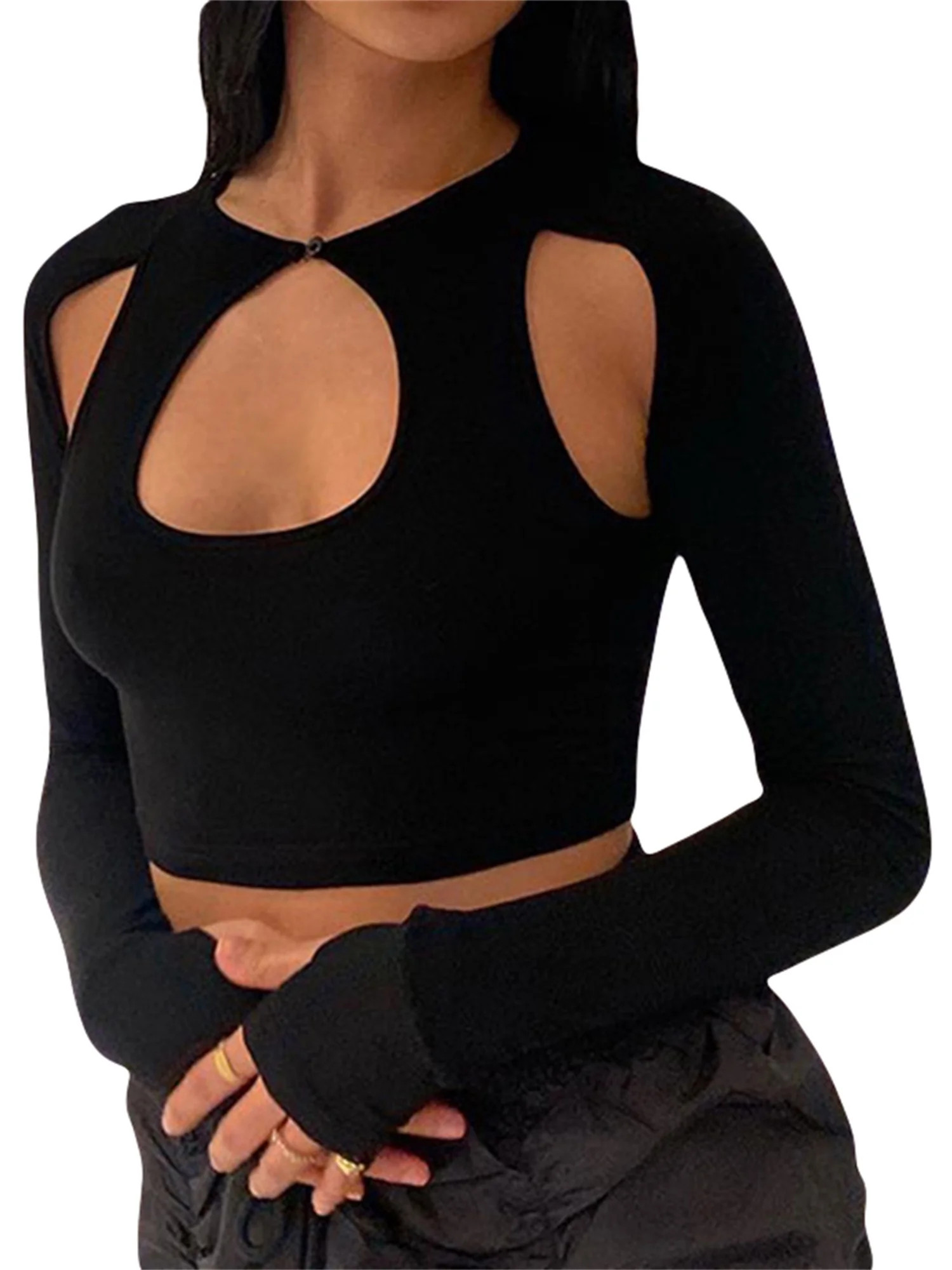 Liacowi Women's Summer Crop Tops Black Long Sleeves Unique Cutout Cropped Navel Slim Blouse - Wal... | Walmart (US)