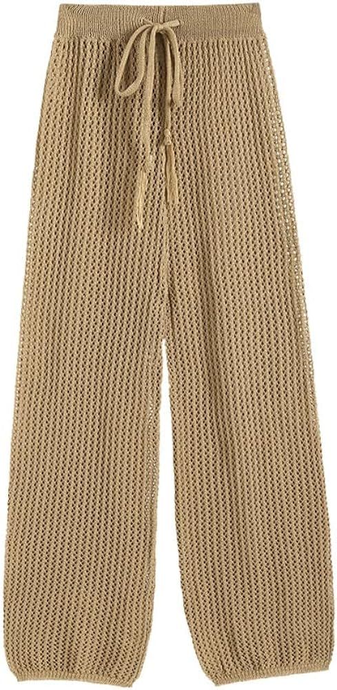 ZAFUL Womens Sexy Drawstring Crochet Hollow Out Straight Beach Pants Swimsuit High Waist Cover Up Pa | Amazon (US)