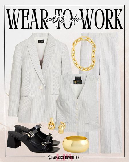 Elevate your work wardrobe with sophisticated flair. Pair a sleek tuxedo blazer with a linen suit vest for a polished ensemble. Complete the look with chic flare pants, hoop earrings, a chainlink necklace, cuff bracelet, and buckle sandals. Command attention with effortless style and timeless elegance.

#LTKSeasonal #LTKstyletip #LTKworkwear