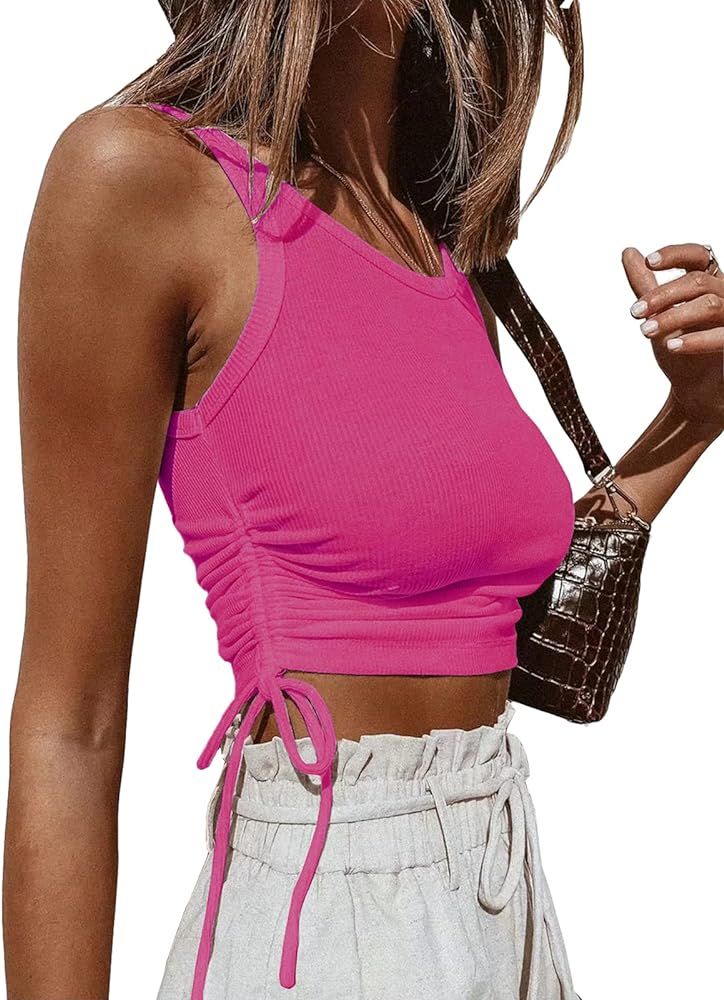 Artfish Women's Sleeveless Shirt Ribbed Drawstring Side Ruched Scoop Neck Basic Crop Tank Top | Amazon (US)