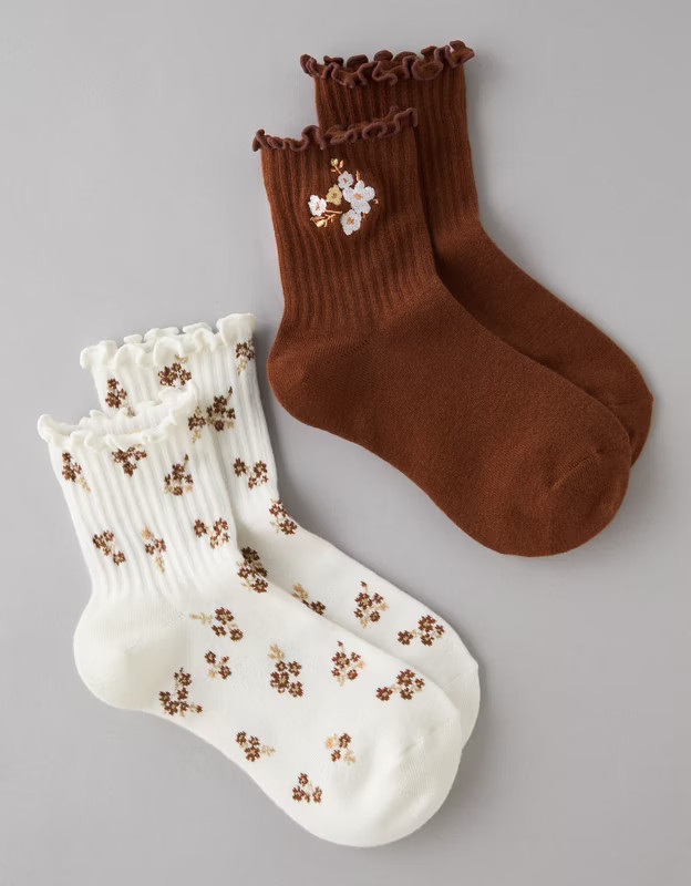 AE Floral Cropped Crew Socks 2-Pack | American Eagle Outfitters (US & CA)