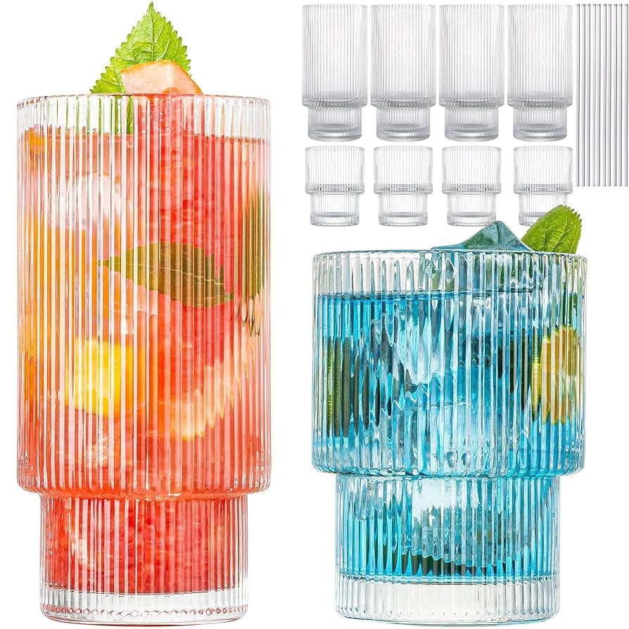 Drinking Glasses, Origami Style 8 pcs Glass Cups with straw, 4 Highball Glasses & 4 Rocks Glasses... | Amazon (US)