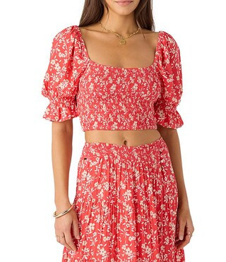 Lorna Puffed Sleeve Floral Printed Coordinating Cropped Top | Dillard's