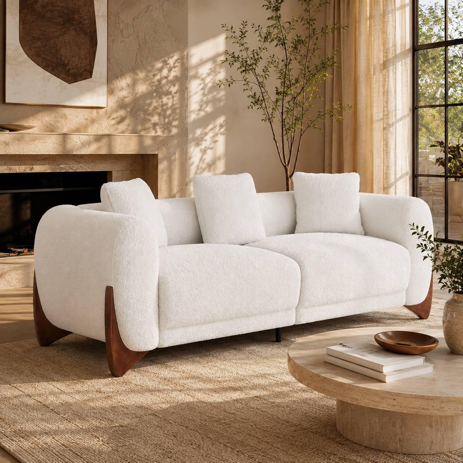 Morden Fort Modern Cloud Sofa Couch - 3 Seater Sherpa Boucle Sofas with Wood Legs, Ultra-Thick High Resilience Cushion with 3 Pillows Upholstered Comfy Couch Sofa for Living Room - Off White 87'' | Amazon (US)