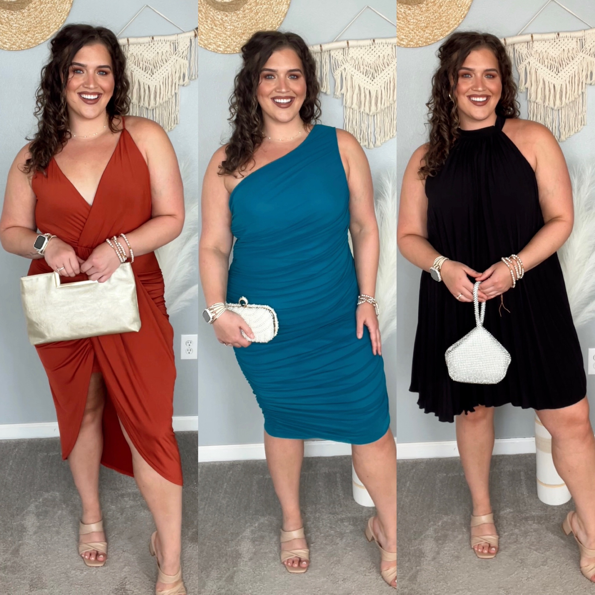 Midsize wedding guest dresses for Fall 💒🍂👗 
All size XL 
#midsizeoutfits #ootn #dresses #cocktaildress #blacktie #weddingguestdress #fallfashion #formalwear #semiformal #rust #teal #littleblackdress #clutch #handbag #accessories #shapewear #heels 

#LTKmidsize #LTKwedding #LTKSeasonal