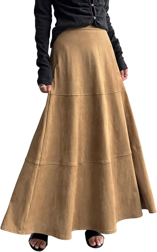 chouyatou Women's Elegant Ruffle Faux Suede Leather Skirt High Waisted A Line Fall Winter Maxi Lo... | Amazon (US)