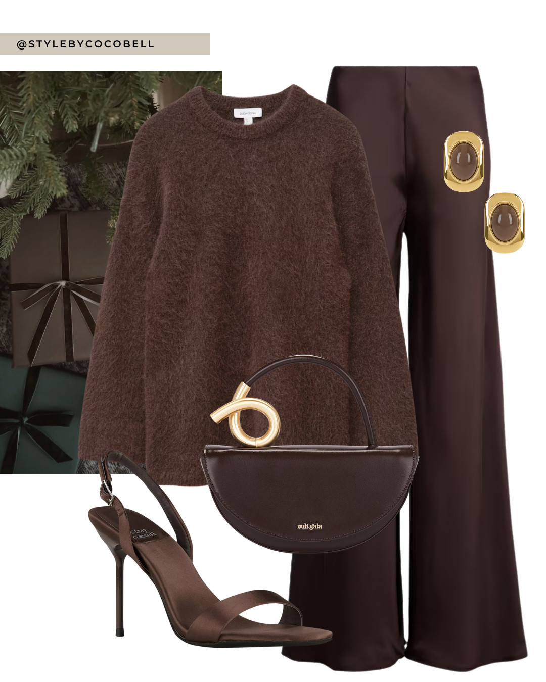 Cozy but polished holiday look in deep chocolate tones. Fluffy brown sweater paired with satin wide leg trousers and strappy heels for an easy dressed up outfit that is still comfortable. Finished with a sculptural mini bag and gold statement earrings. Perfect for Christmas dinners, holiday drinks or winter date nights. 

 #LTKwinter #LTKfestive #LTKpartywear