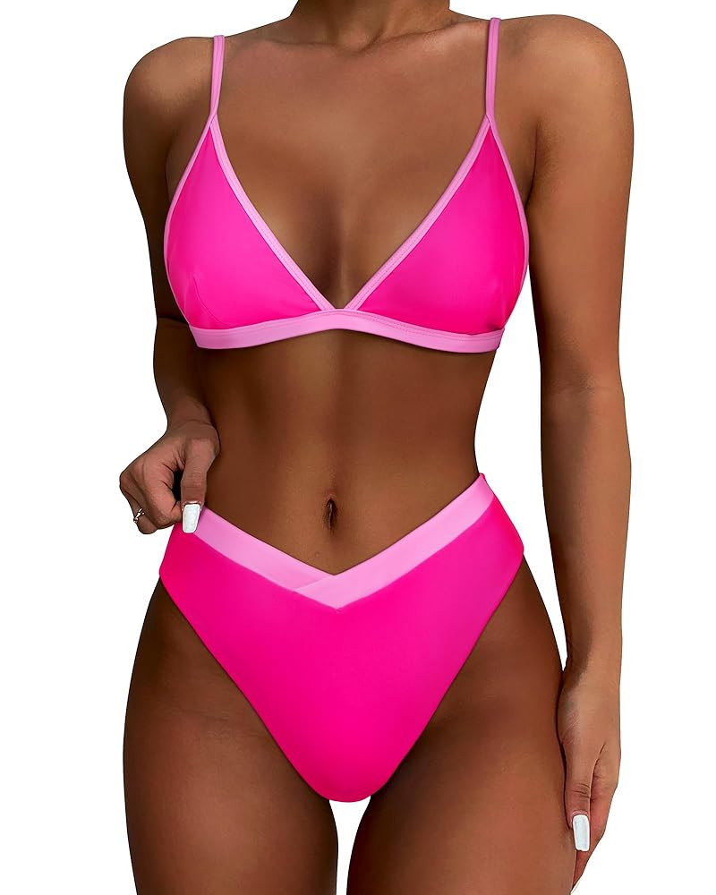 SUUKSESS Women Triangle High Cut Bikini Sets Sexy High Waisted 2 Piece Swimsuit | Amazon (US)