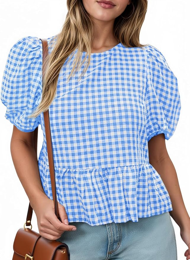 Cicy Bell Womens Puff Sleeve Gingham Blouse Summer Ruffle Peplum Babydoll Tops Cute Plaid Cotton ... | Amazon (US)