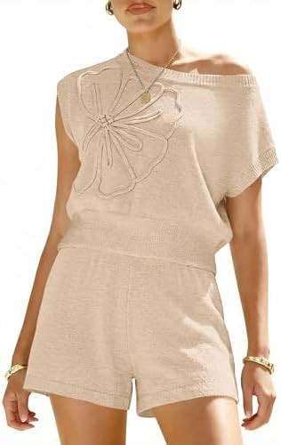 Saodimallsu Womens Off The Shoulder 2 Piece Sweater Sets Short Sleeve Floral Tops Summer Matching... | Amazon (US)