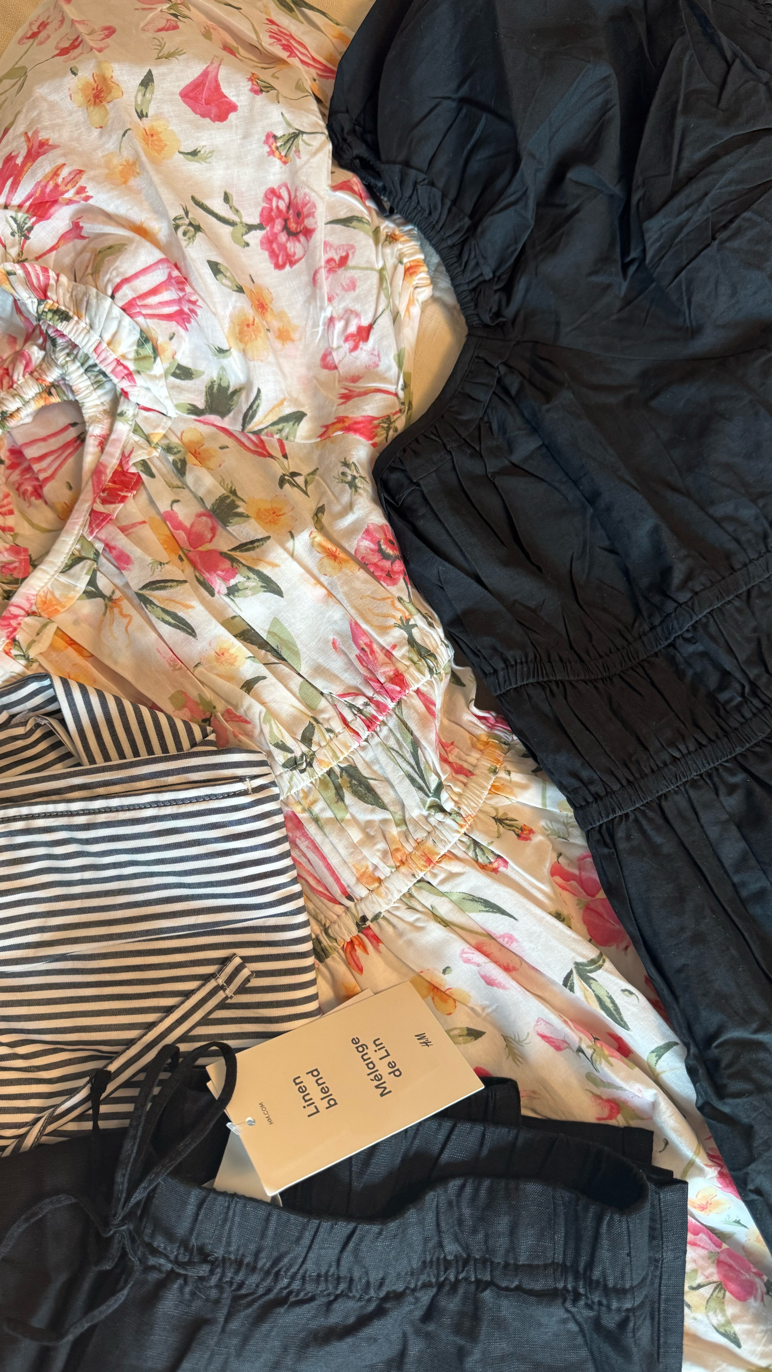 little spring/summer haul from h&m 🌱🩷🙌🏼 spring fashion easter dress spring clothes for summer floral dress bubble hem dress striped pants casual pants 100% cotton linen blend pants linen pants 