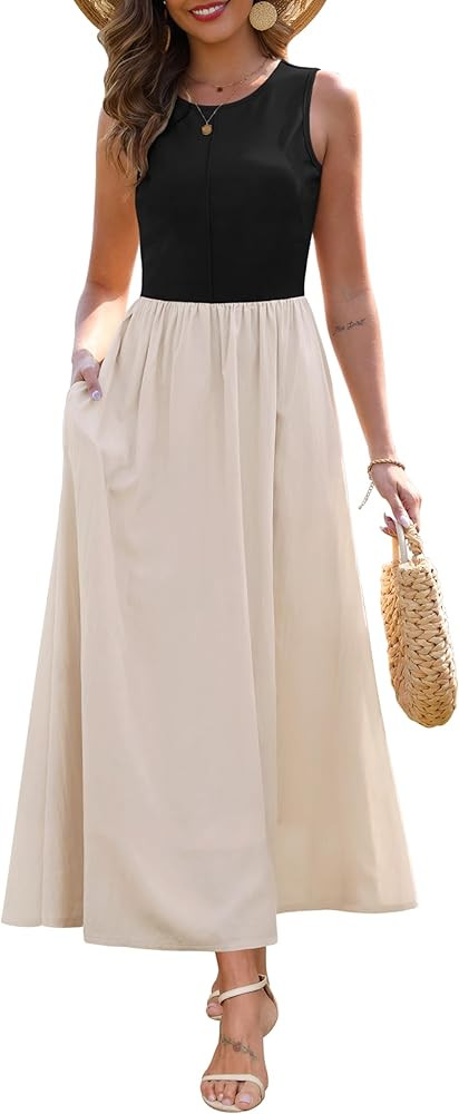 Zattcas Women's Summer Casual Sleeveless Patchwork Knit Crew Neck Tank Top Flowy Long Maxi Dresse... | Amazon (US)