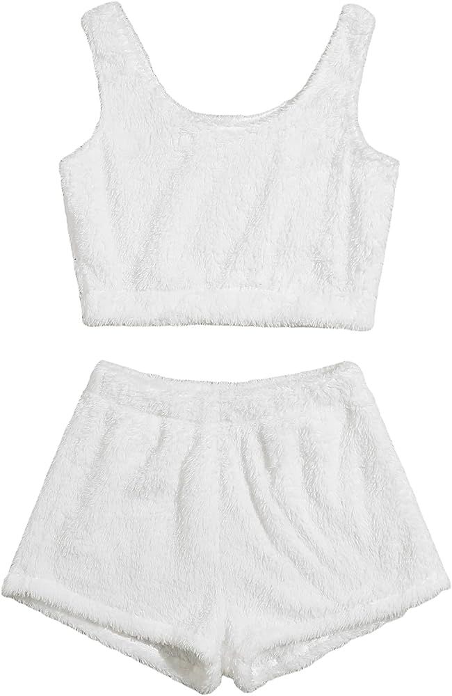 Verdusa Women's Fuzzy Pajamas Set Loungewear Crop Tank Top and Shorts Sleepwear | Amazon (US)