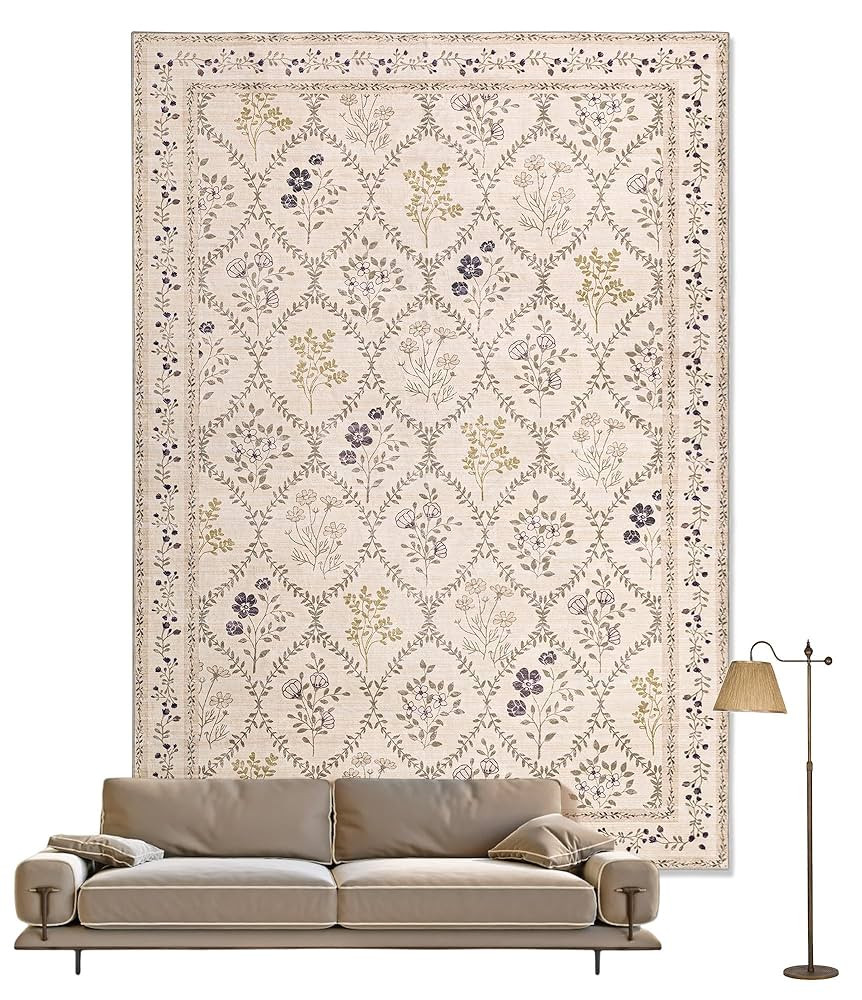 YIHOUSE 5x7 Washable Rug for Bedroom, Beige Floral Rugs for Living Room Non Slip Ultra-Thin Large... | Amazon (US)