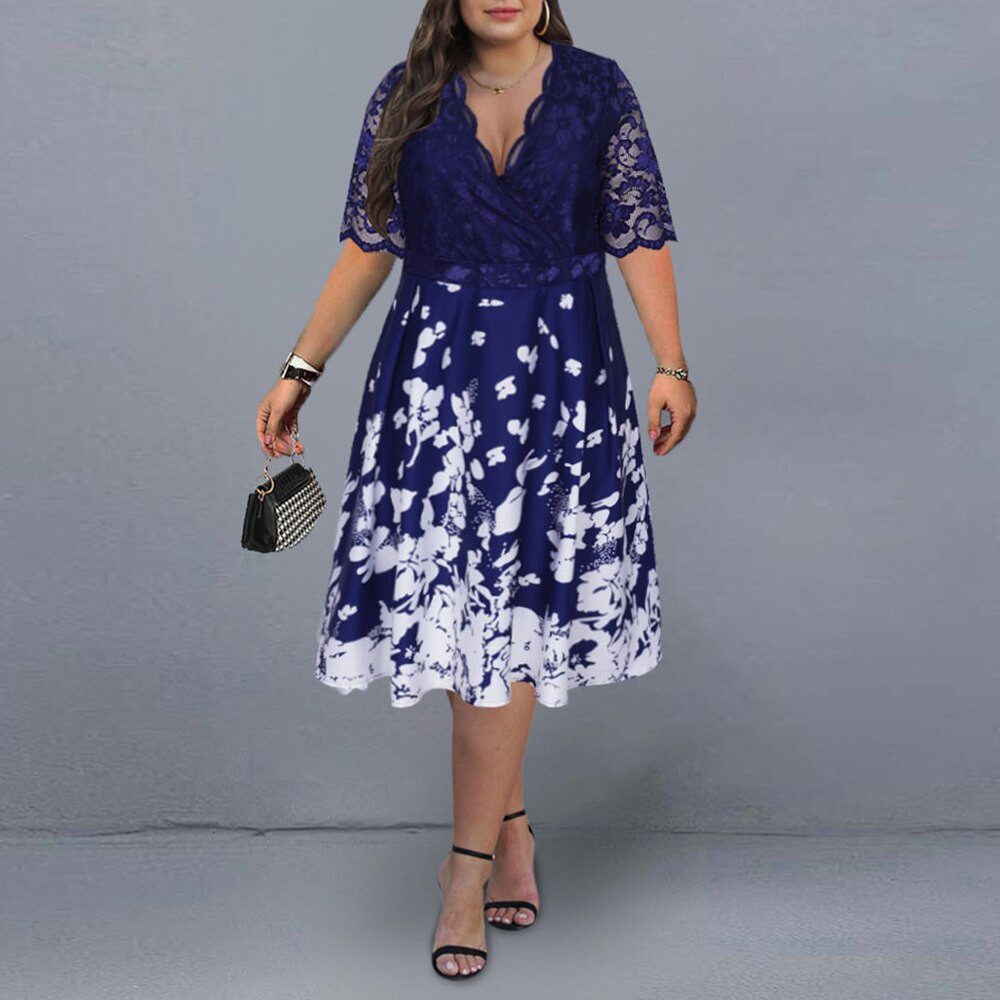 Floral Impresso Plus Size Vestido De Verão Laço Azul Patchwork Elegante Festa Das Mulheres De M... | Shopee (BR)