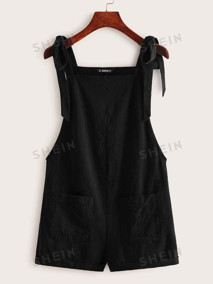 SHEIN EZwear Summer Casual And Loose Black Knot Strap Pocket Patched Pinafore Short Romper | SHEIN