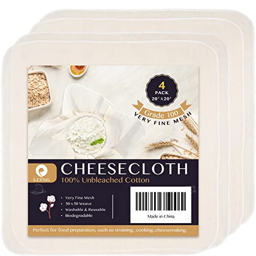 Precut Cheesecloth, 25 x 25'' 4 Pack, Grade 100, Ultra Fine Cheese Cloth for Straining & Cooking, 100% Unbleached Cotton Muslin Cloth for Making Cheese | Amazon (US)