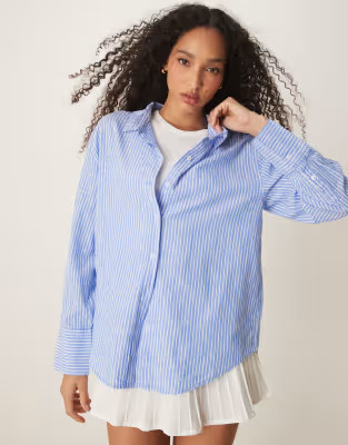 Gina Tricot linen blend oversized shirt in navy blue and white stripes | ASOS (Global)