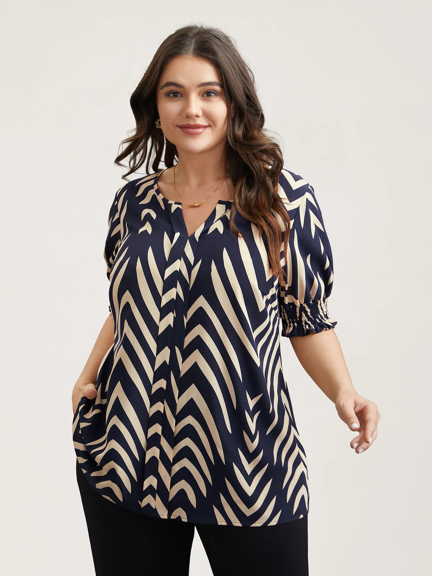 Geometric Print Ruffled Shirred Shirt | Bloomchic