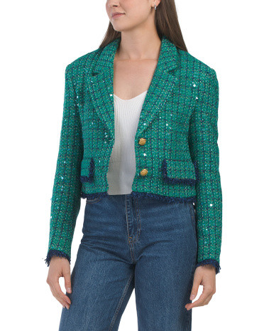 Cropped Fringe Sequin Tweed Jacket | TJ Maxx