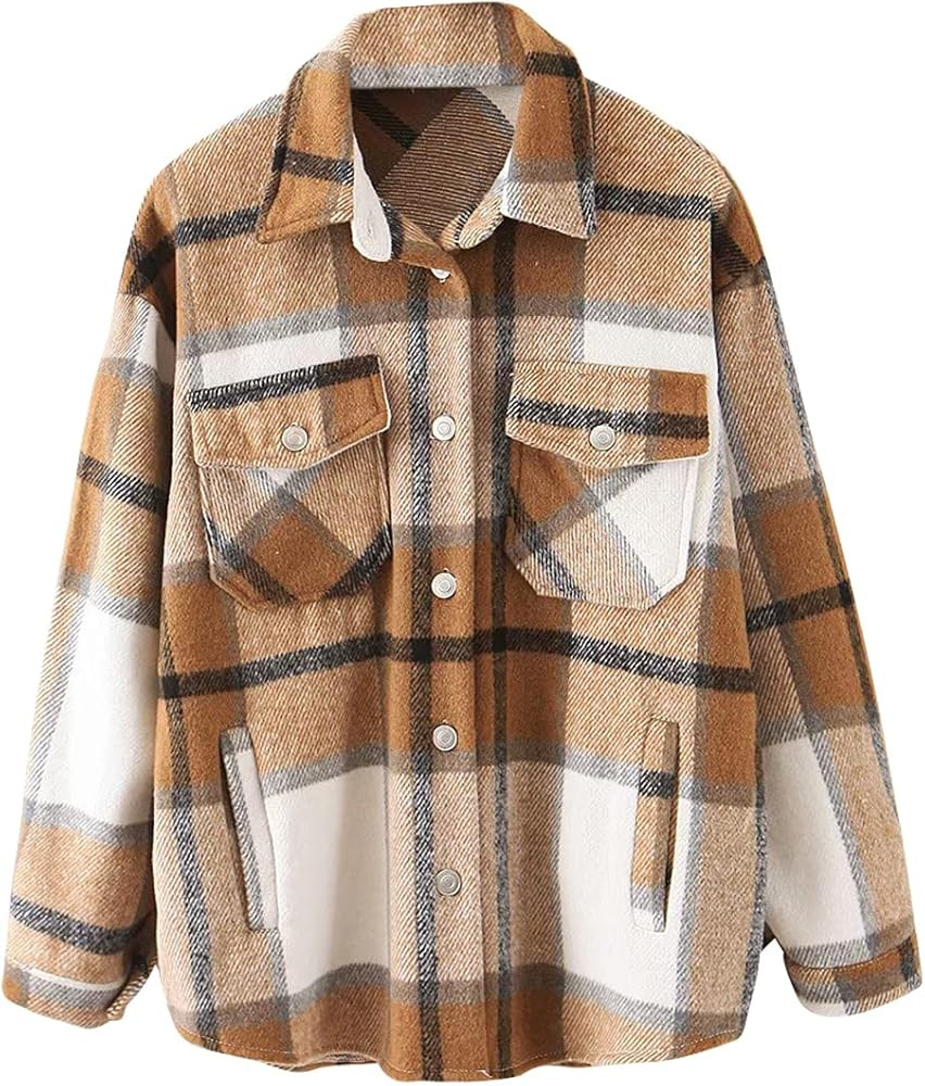 JJAI Womens Retro Plaid Shirts Coats Button Down Long Sleeve Pockets Mid-Long Casual Boyfriend Bl... | Amazon (CA)