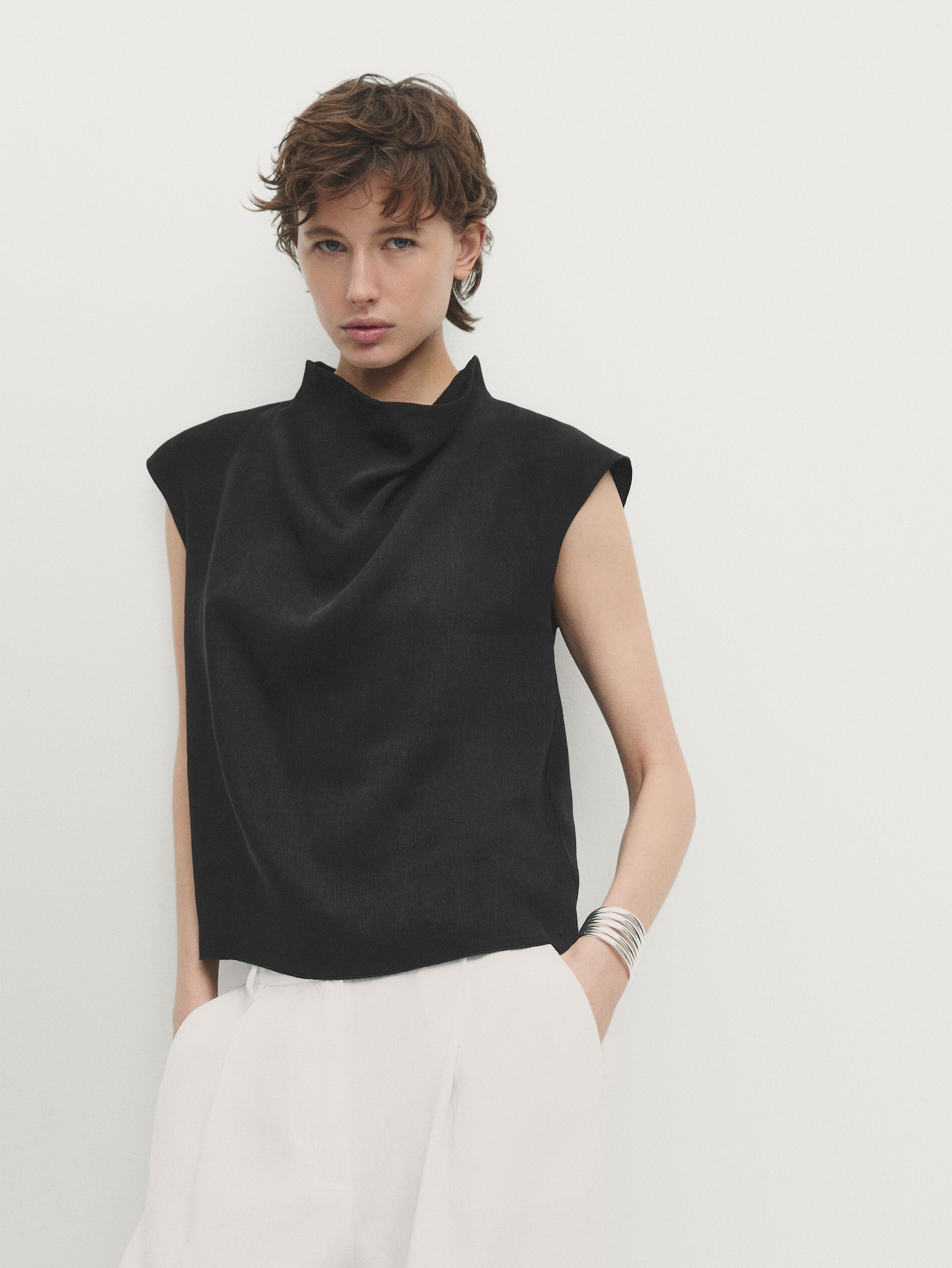 Ramie blend top with cowl neck | Massimo Dutti US