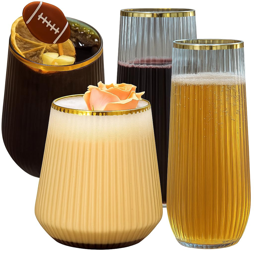 48 Pack Ribbed Origami Ripple Plastic Glasses, 24 9 Ounce Stemless Champagne Flutes & 24 12 Ounce... | Amazon (US)