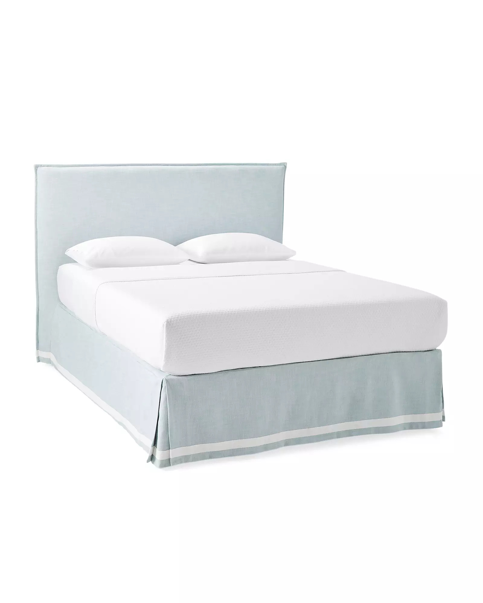 James Headboard & Bed Skirt in Perennials Basketweave Sky with White Applied Border | Serena and Lily