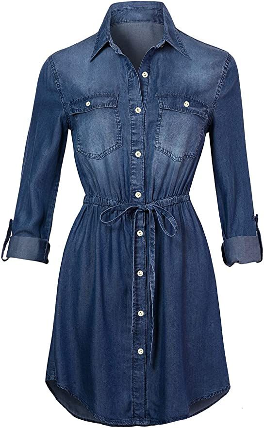 Anna-Kaci Women Jean Shirt Dress Long Sleeves Waist Ties Casual Short Chambray Denim | Amazon (US)
