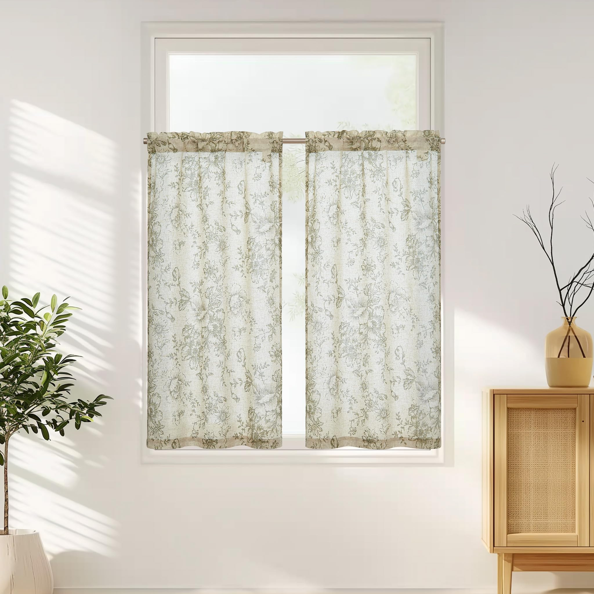 jinchan Floral Linen Tier Curtains 45 Inch Farmhouse Botanic Cafe Drapes for Small Windows Rustic... | Amazon (US)