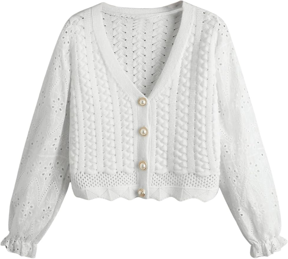SweatyRocks Women's Long Sleeve Embroidered Scallop Trim Button Down V Neck Knit Cardigan Sweater | Amazon (US)