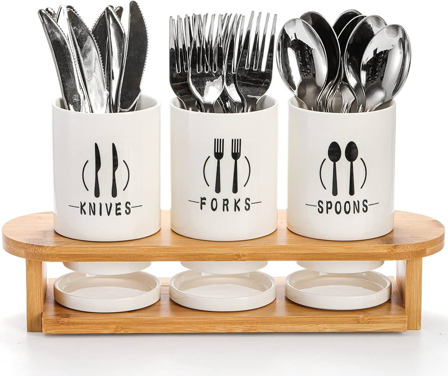 Fasmov Flatware Holder, 3 Pack Silverware Caddy with Bamboo Rack, Utensil Holder Ceramic Flatware... | Amazon (US)