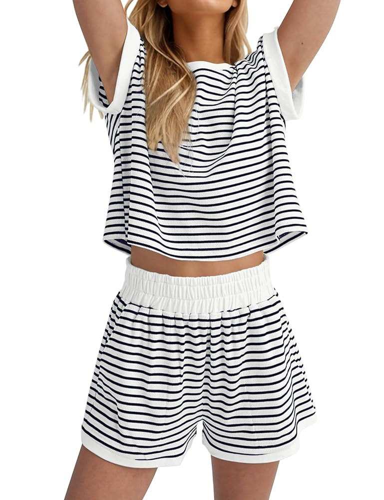 MISSACTIVER 2 Piece Lounge Set Women Stripe Knit Short Sleeve Tee Shirts Shorts Casual Summer Lou... | Amazon (US)