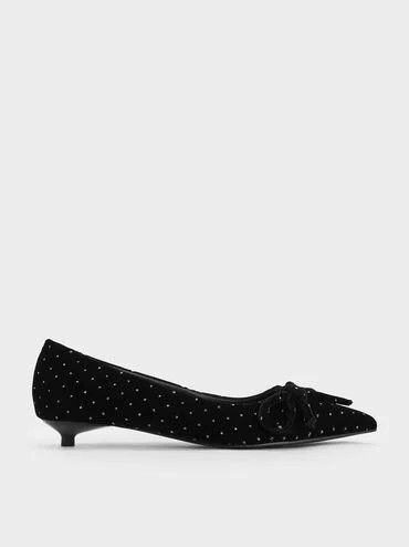 Black Textured Velvet Dotted Bow Pointed-Toe Kitten-Heel Pumps | CHARLES & KEITH UK | Charles & Keith UK