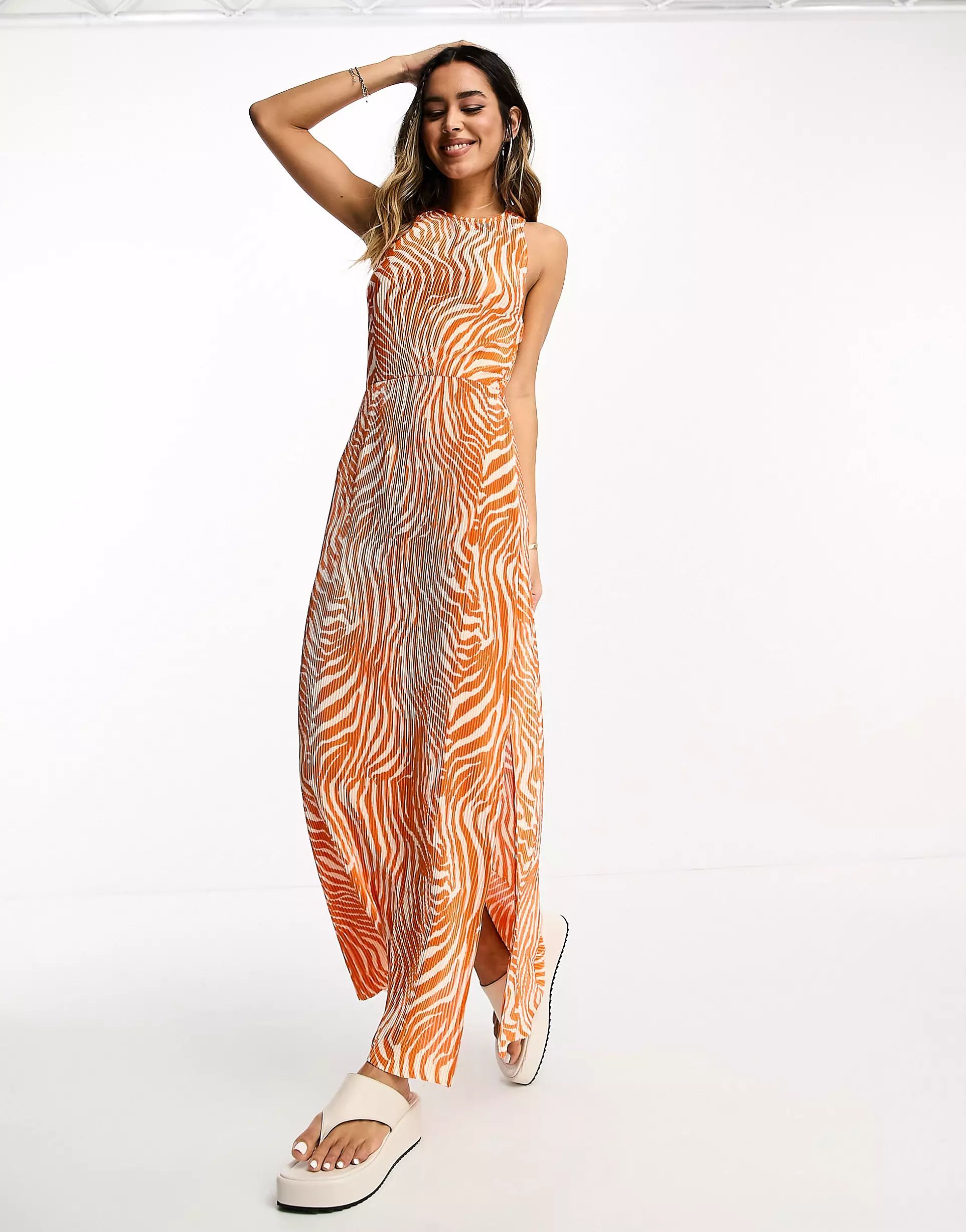 ASOS DESIGN plisse elastic strappy back midi dress in orange zebra | ASOS (Global)