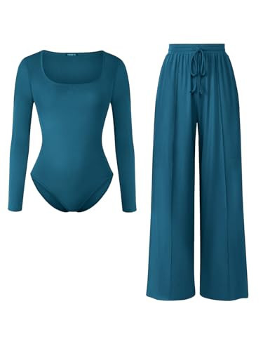 FREEYE Travel Outfits for Women，2024 Fall Long Sleeve Two Piece Wide Leg Pants Crew Neck Belted Matching Set Plus Size Lounge Clothes Casual Tracksuit Navy Blue S | Amazon (US)