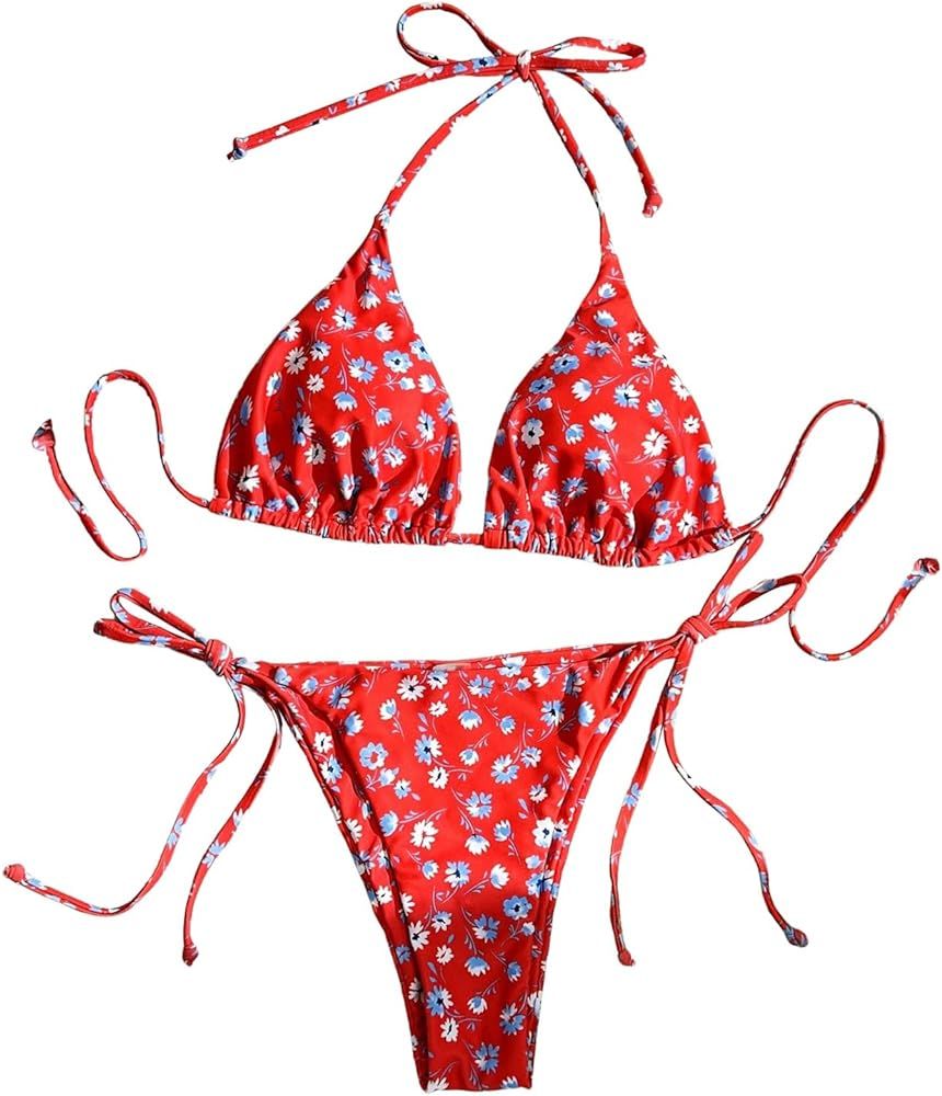 MakeMeChic Women's Triangle Halter Top & Tie Side Thong 2 Piece Bikini Sexy Swimsuit | Amazon (US)