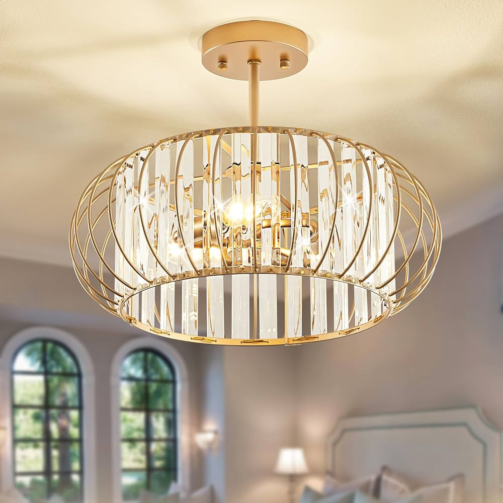VIOLOEMI Modern Gold Close to Ceiling Light Fixtures, Crystal Semi Flush Mount Ceiling Light, Met... | Amazon (US)