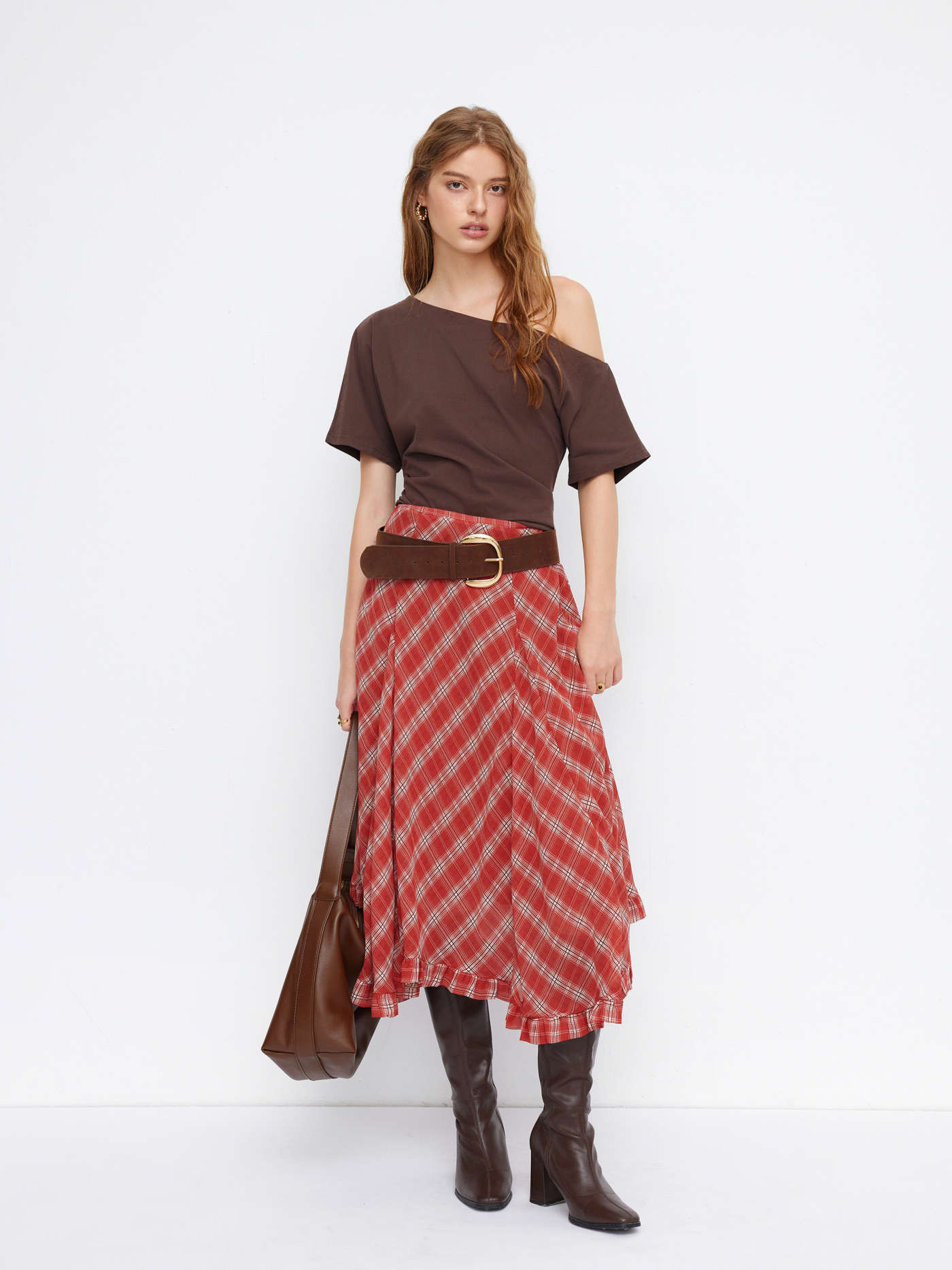Chiffon Chiffon Mid Rise Tartan Ruffle Hem Lettuce Trim Maxi Skirt For Daily Casual | Cider